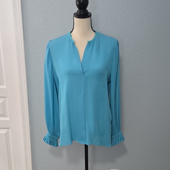 KOBI HALPERIN Miley VNeck Silk Long Sleeve Blouse Aqua Ruffled Cuffs Size MEDIUM - Picture 2 of 10